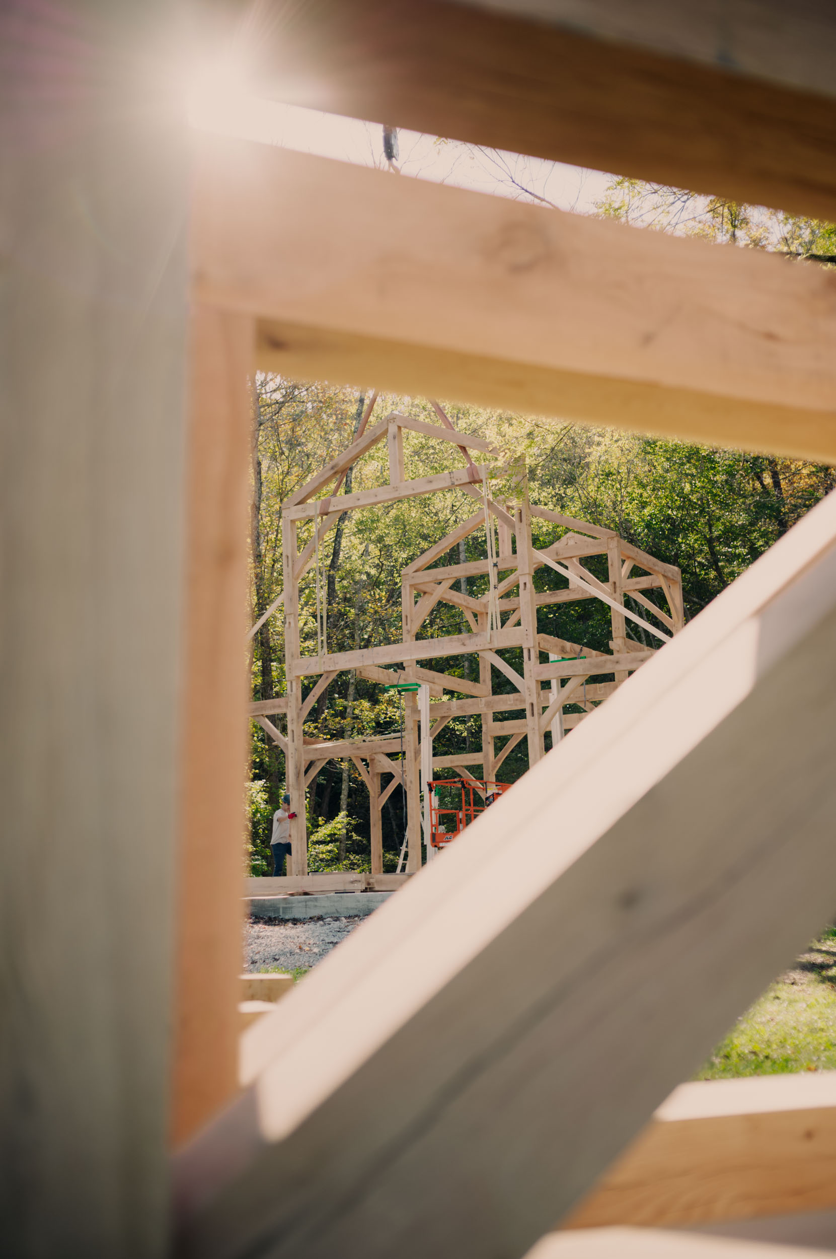 Timber frame home structure in natural light