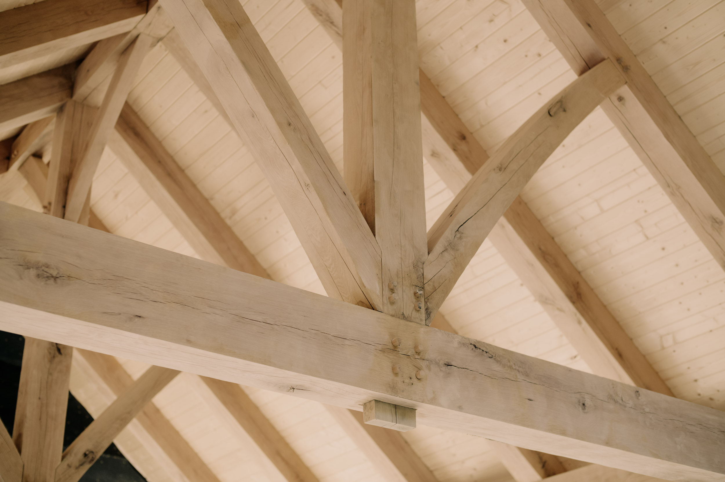 Vaulted timber truss ceiling in a bright interior