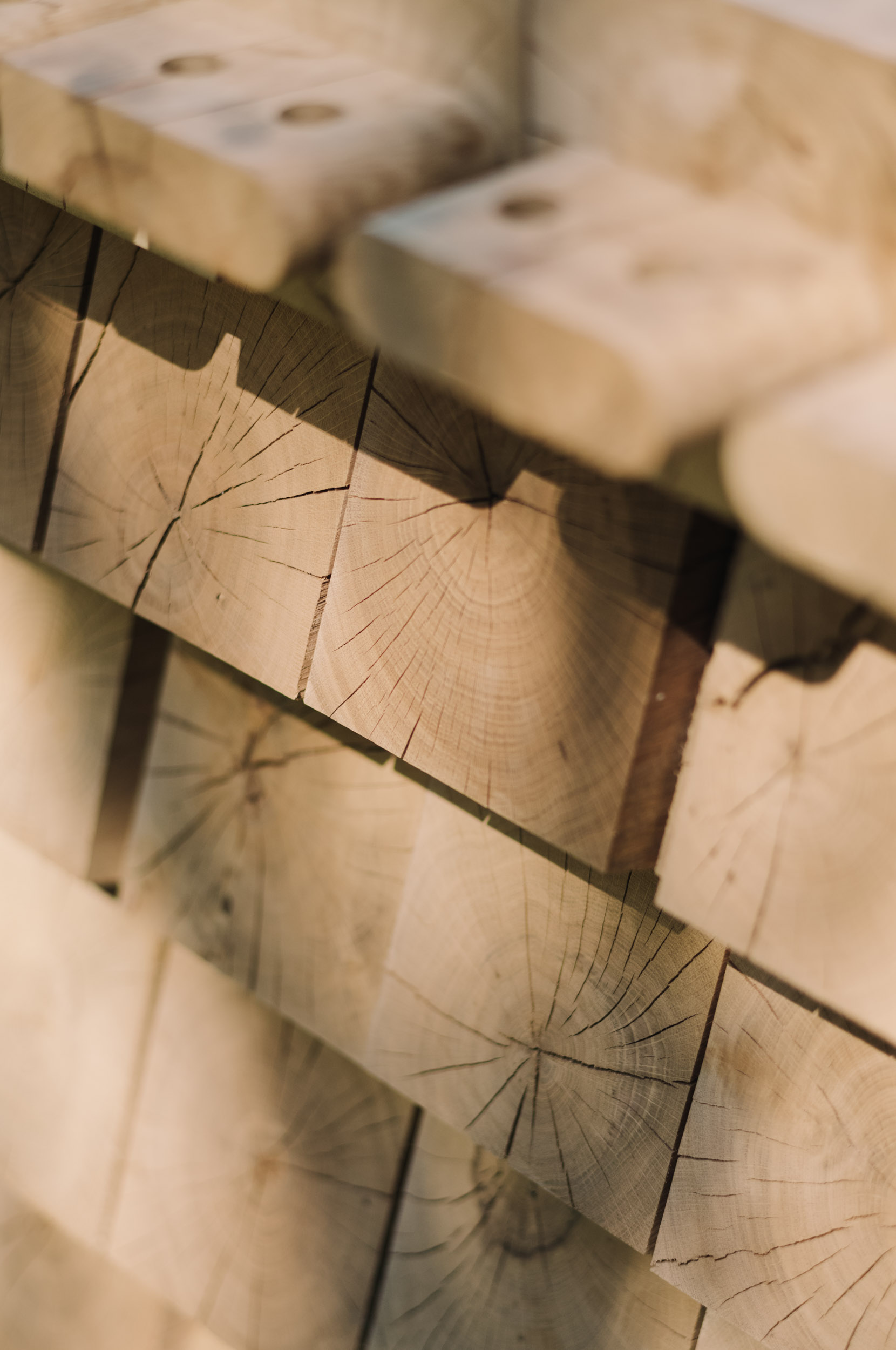 Close-up of end-grain wood blocks arranged in a staggered pattern